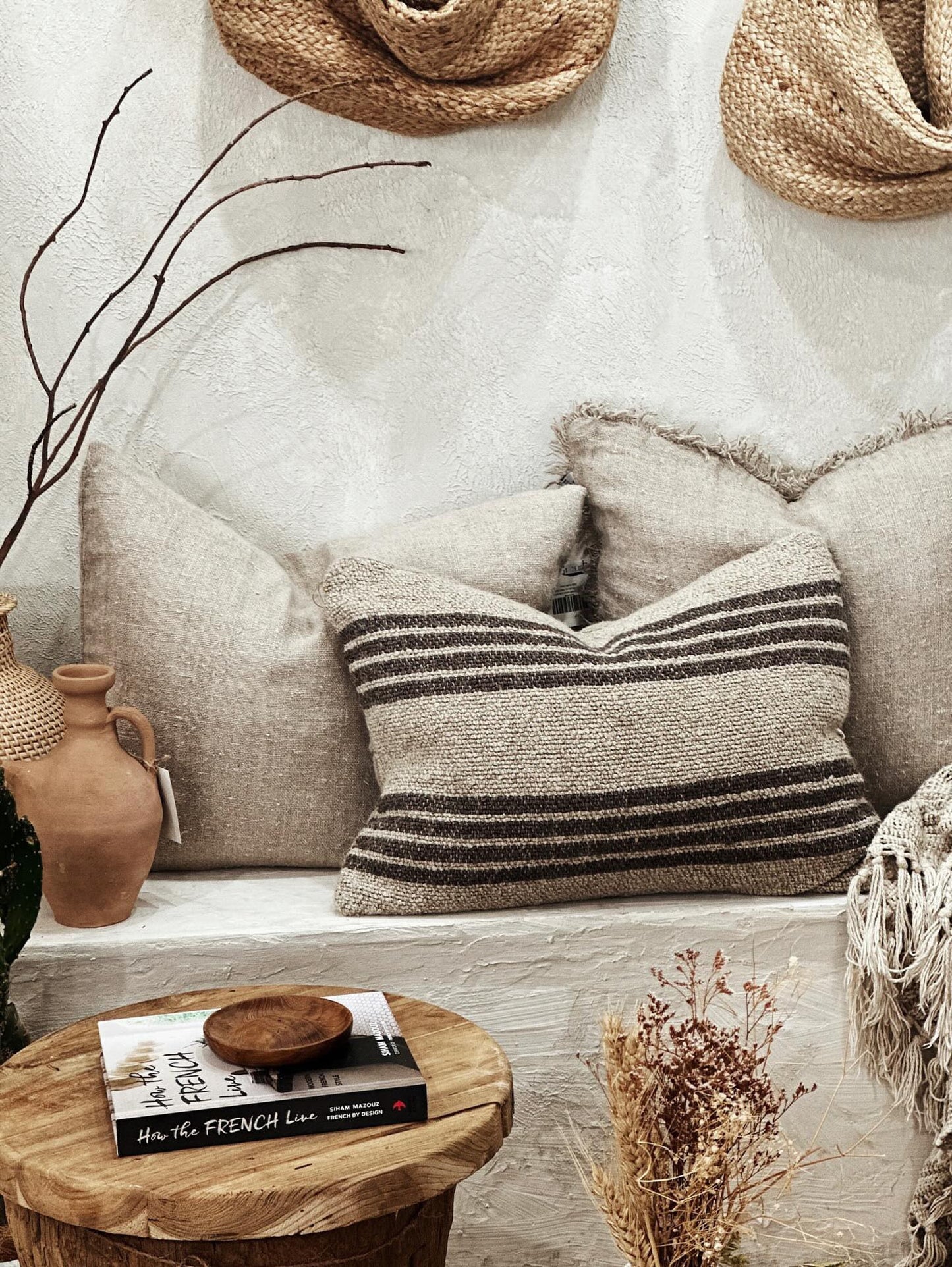 Jacob Linen Cushion Button Closue/ Charcol Stripes