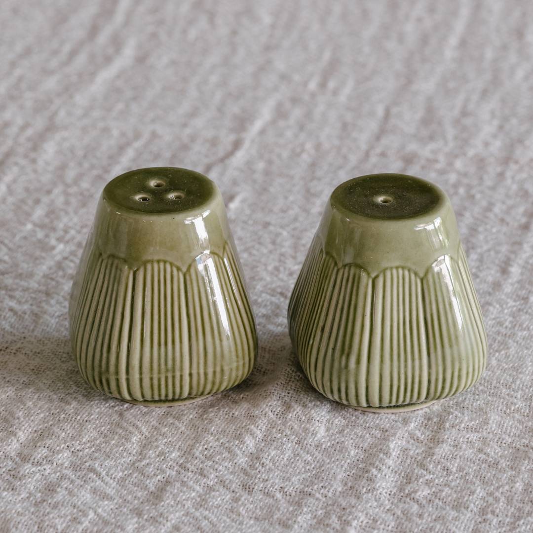 The Botanica Ceramic Salt and Pepper Shakers | Moss