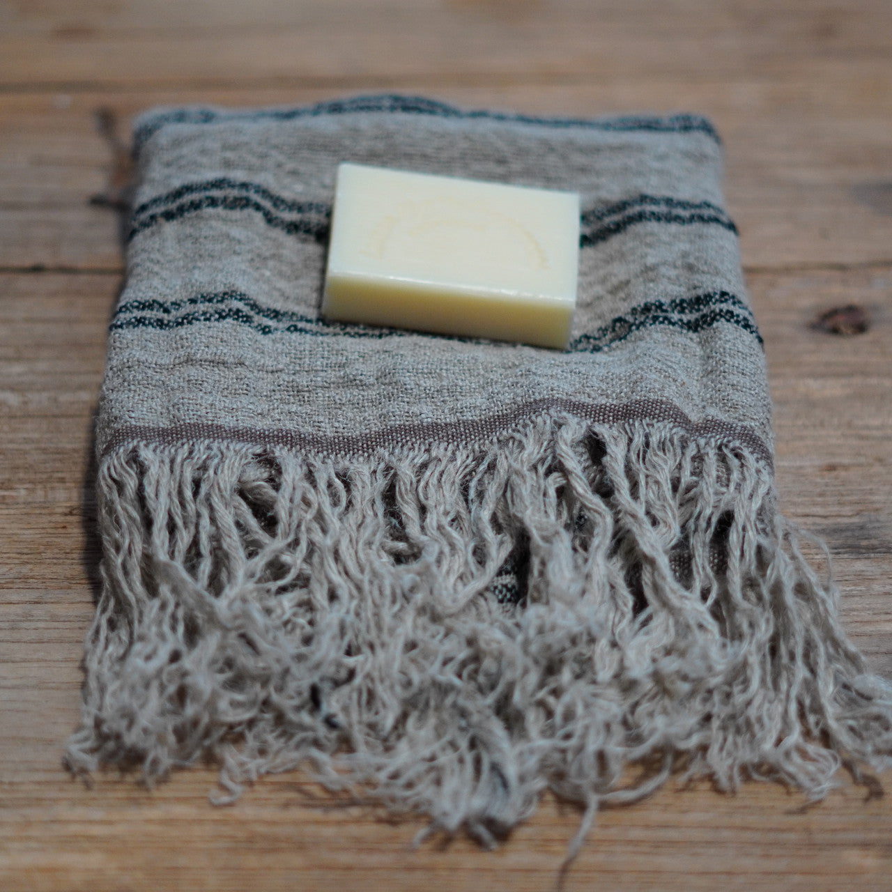 Angaston Fringed Linen Hand Towel | Black Stripe