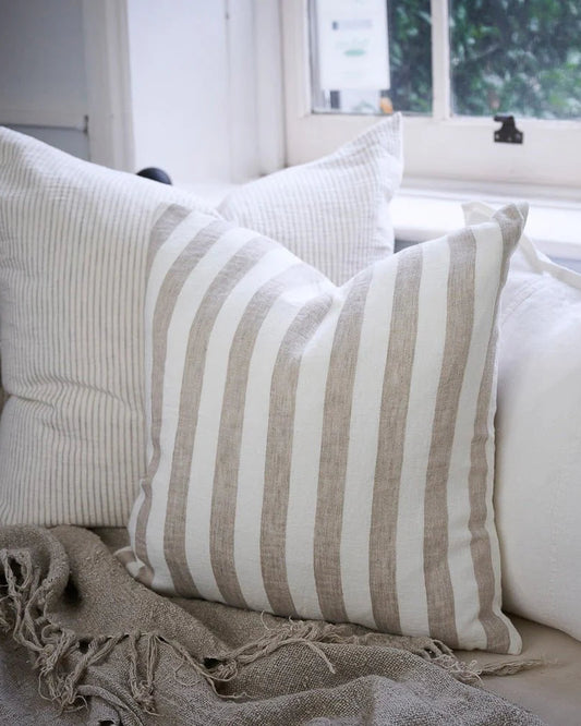 Santi Outdoor Linen Cushion | Off White Natural Stripe
