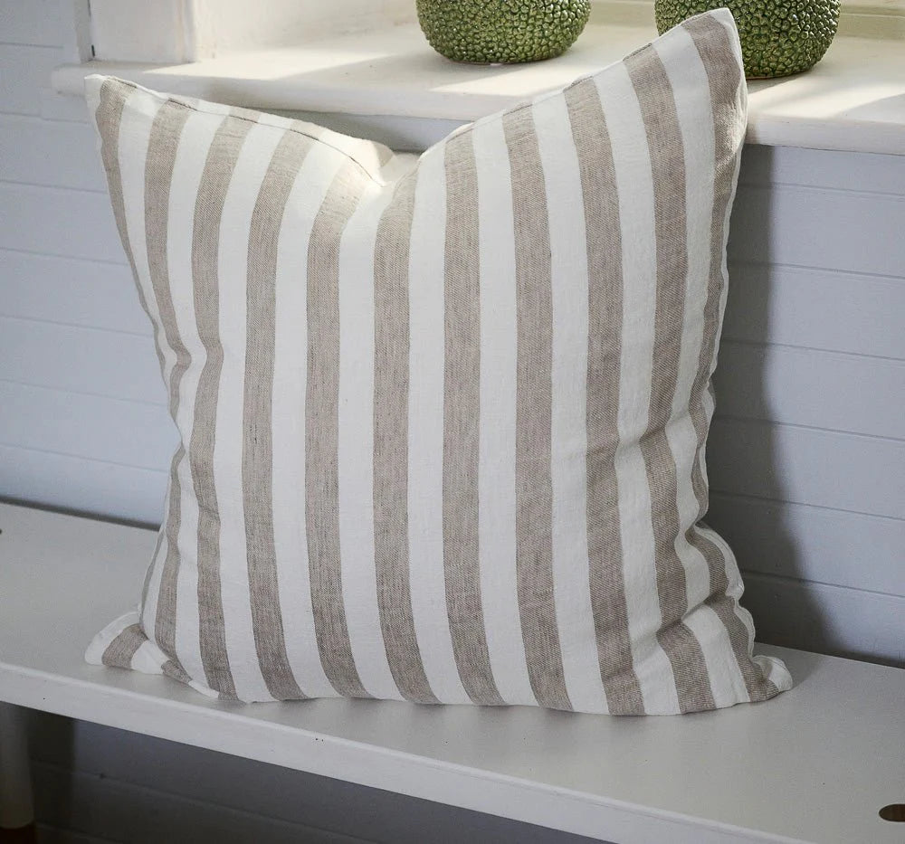 Santi Outdoor Linen Cushion | Off White Natural Stripe