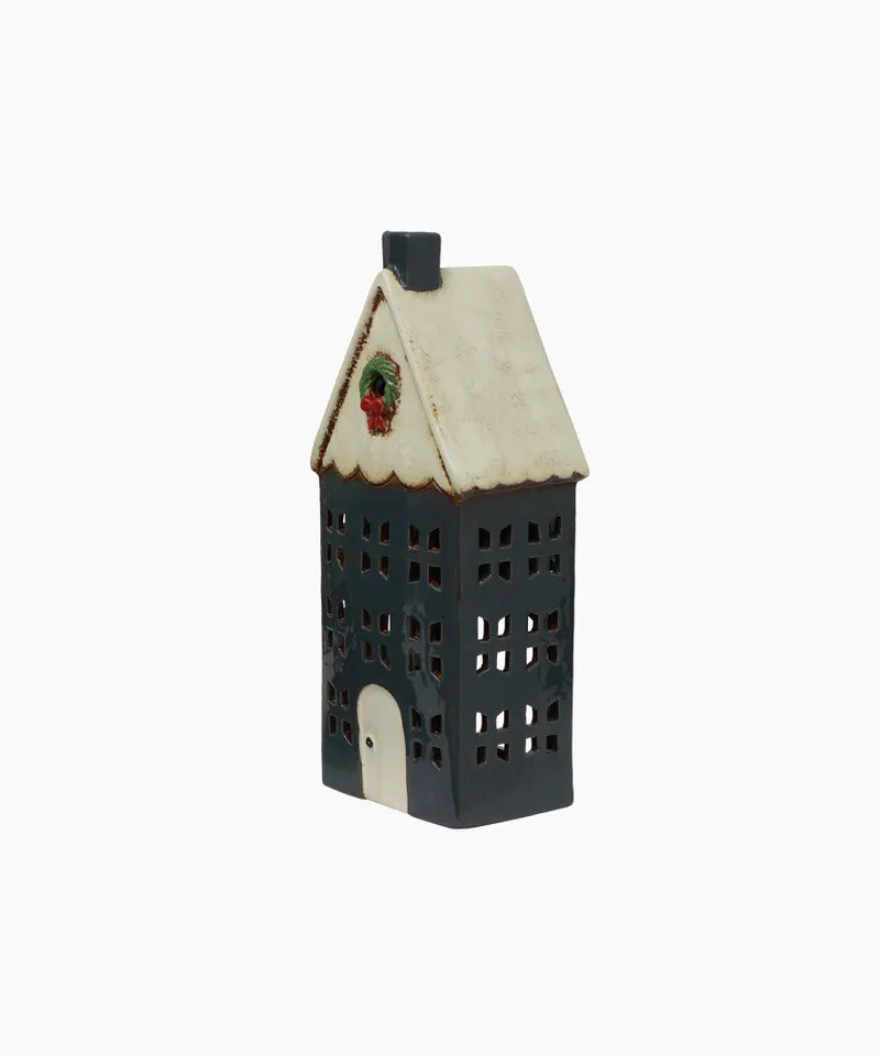 Christmas Tea Light House Blue With Wreath | Large