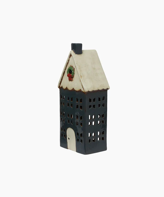 Christmas Tea Light House Blue With Wreath | Large